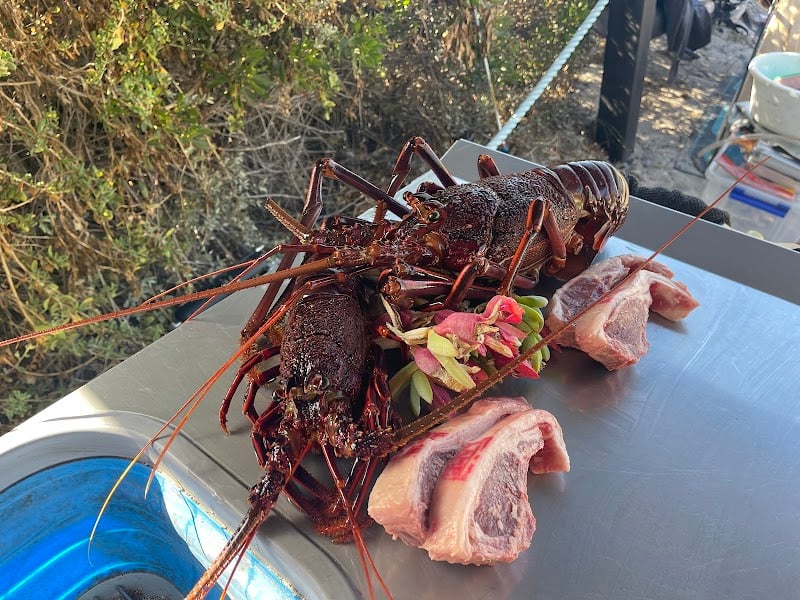 Fresh lamb cutlets and rock lobsters displayed on a metal surface, ready for a meal.