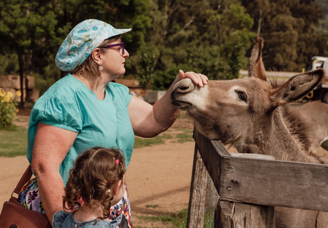 Woman and child petting a friendly donkey at Cedar Creek Farm Hunter Valley in the Wollombi Valley, NSW.