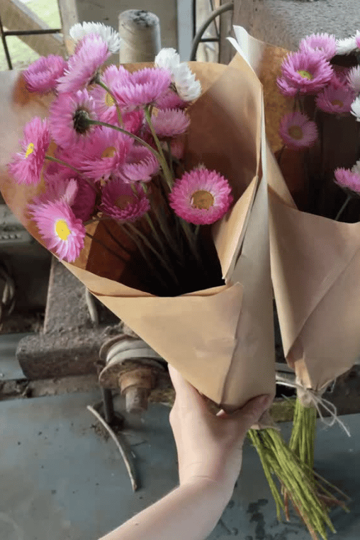 Wrapped native flower bouquet from Gillens Creek Garden.