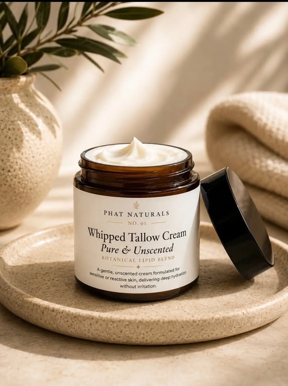 A jar of Phat Naturals Whipped Tallow Cream, a botanical lipid blend, likely derived from Gingin Grass Fed products.