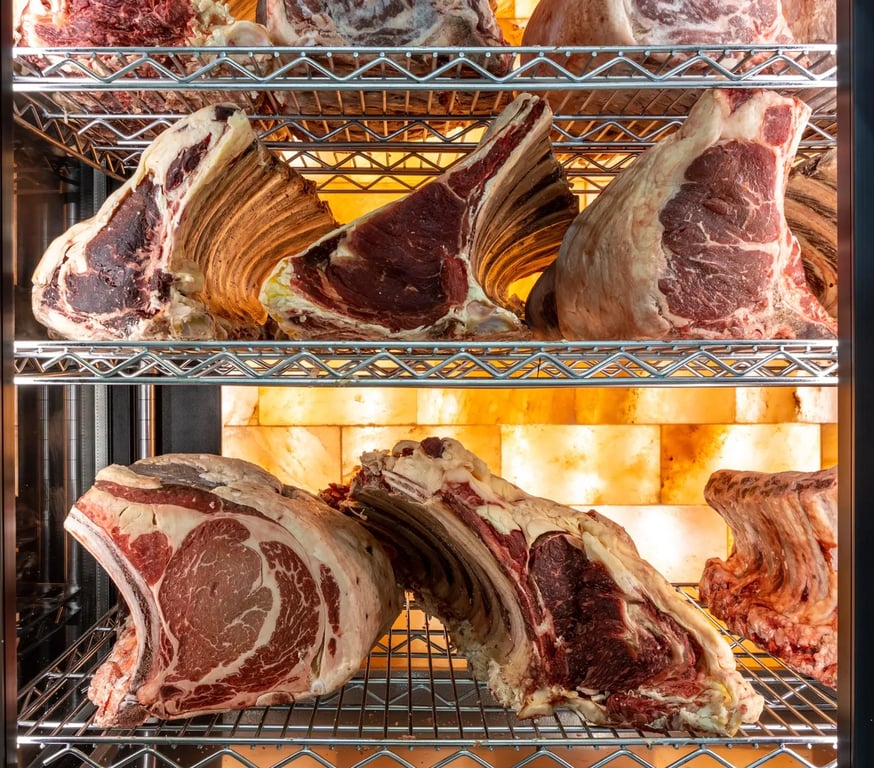 Dry-aged beef cuts displayed in a professional cooler at Heritage Farms Tasmania.