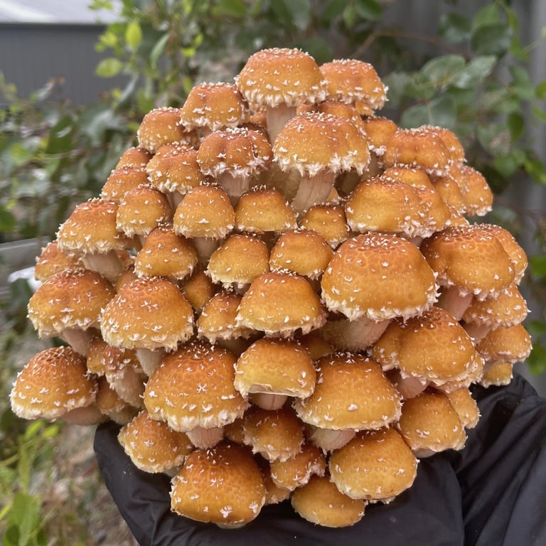 A cluster of small, orange-capped mushrooms with white speckles, likely from Largo Brae in NSW.